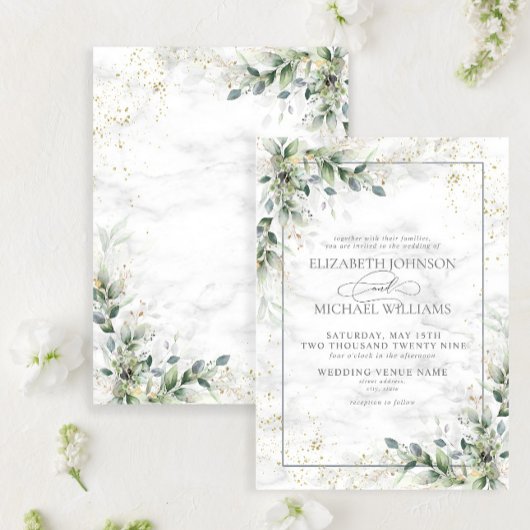 Invitation Dusty Eucalyptus Botanical Gold Green Mariage I