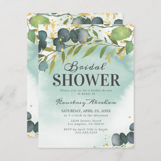 Invitation Dusty Eucalyptus Gold Fête des mariées (Devant / Derrière)