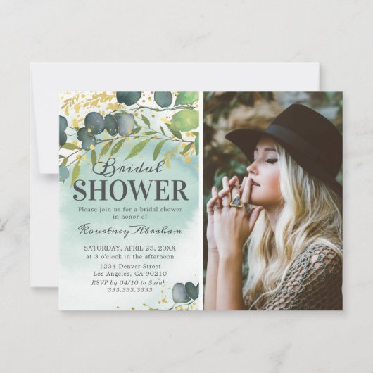 Invitation Dusty Eucalyptus Gold Photo Fête des mariées (Devant)