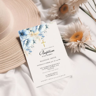 Invitation Dusty Fleur sauvage d'or bleu premier saint baptêm