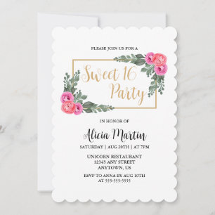 Invitation Dusty Flora Rose Rose Vert Or Sweet 16