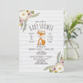 Invitation Dusty Floral Boho Fox Baby shower en bois gris (Debout devant)