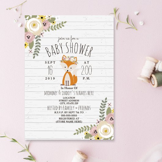 Invitation Dusty Floral Boho Fox Baby shower en bois gris