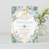 Invitation Dusty Green And Dusty Blue Floral Gold Quinceañera (Debout devant)