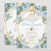 Invitation Dusty Green And Dusty Blue Floral Gold Quinceañera (Devant / Derrière)