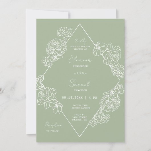 Invitation Dusty Green Botanical Line Art Boho QR Code Photo (Devant)