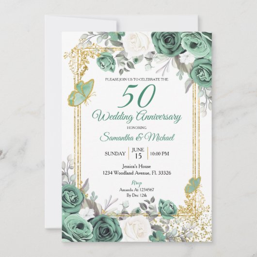 Invitation Dusty Green Floral Gold 50e anniversaire Mariage (Devant)