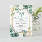 Invitation Dusty Green Floral Gold 50e anniversaire Mariage (Debout devant)