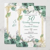 Invitation Dusty Green Floral Gold 50e anniversaire Mariage (Devant / Derrière)