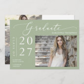 Invitation Dusty Green Minimal Script Graduation de l'école P (Devant / Derrière)