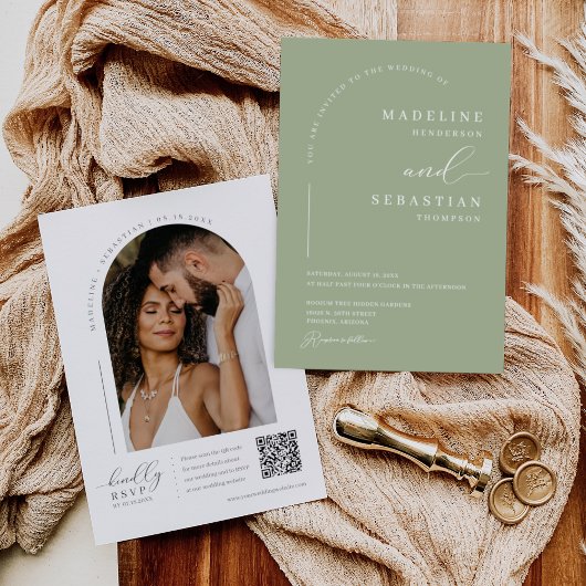 Invitation Dusty Green Moderne Mini Arc Photo QR Code Invi