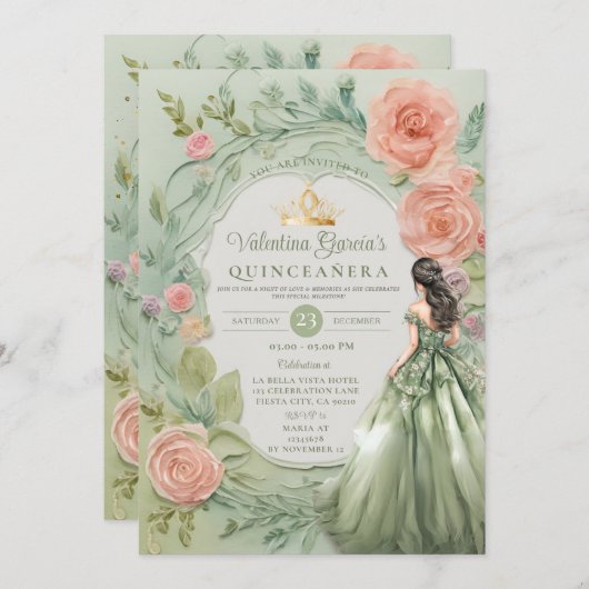 Invitation Dusty Green Quinceañera 15 Anos Fleurs Or (Devant / Derrière)
