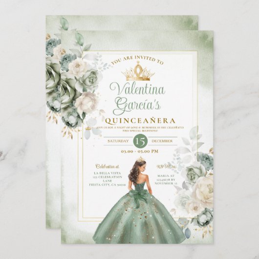 Invitation Dusty Green Quinceañera 15 Anos Gold Crown (Devant / Derrière)