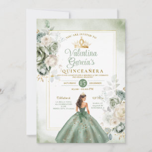 Invitation Dusty Green Quinceañera 15 Anos Gold Crown
