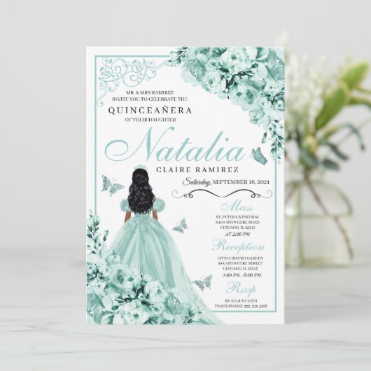 Invitation Dusty Green Rose princesse robe Quinceanera (Debout devant)