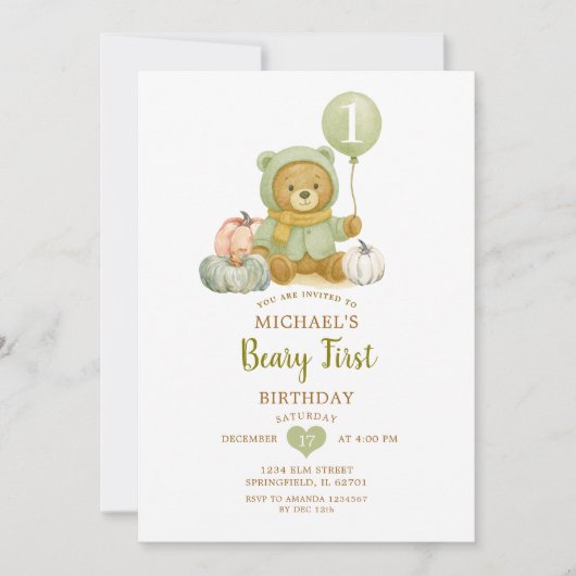 Invitation Dusty Green Sage Fall Beary Premier anniversaire (Devant)