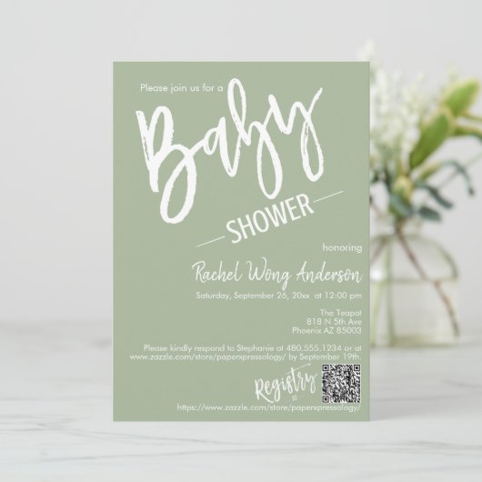 Invitation Dusty Green Script Baby shower QR Code Photo (Debout devant)
