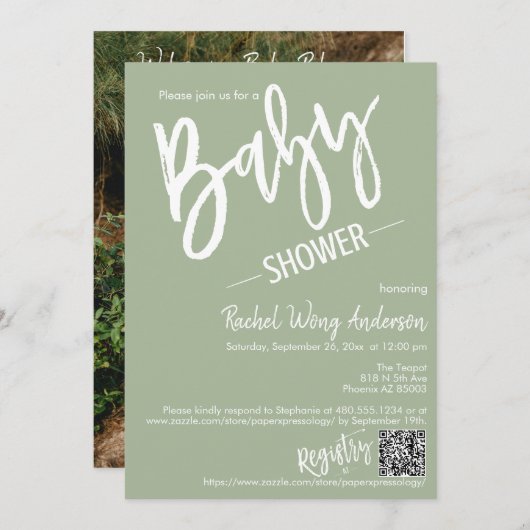 Invitation Dusty Green Script Baby shower QR Code Photo (Devant / Derrière)