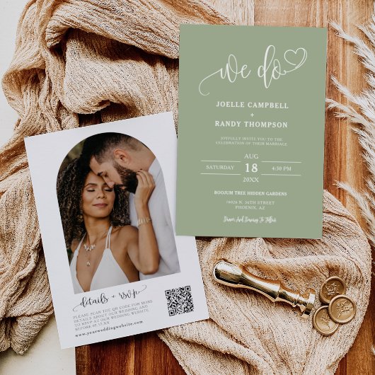 Invitation Dusty Green We Do Boho Mariage QR Code Arch Photo