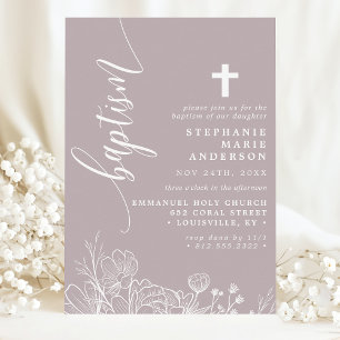 Invitation Dusty Lavender Blanc Floral Élégant Script Baptême