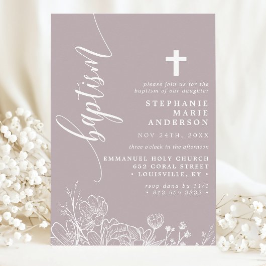 Invitation Dusty Lavender Blanc Floral Élégant Script Baptême