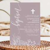 Invitation Dusty Lavender Blanc Floral Élégant Script Baptême
