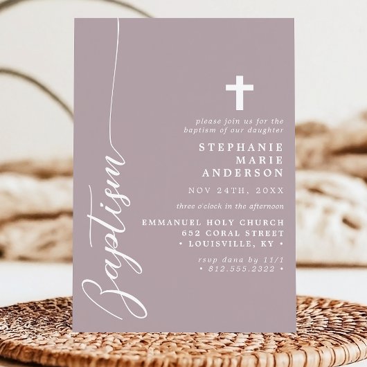 Invitation Dusty Lavender Simple Script Moderne Baptême