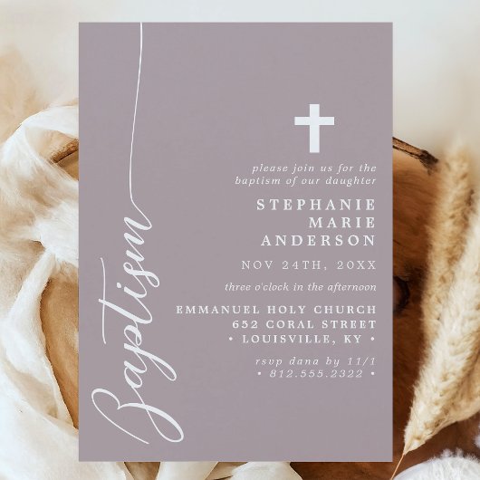 Invitation Dusty Lavender Simple Script Moderne Baptême