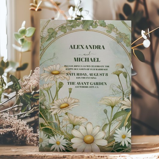Invitation Dusty Marguerite Daisy Mariage Art Nouveau