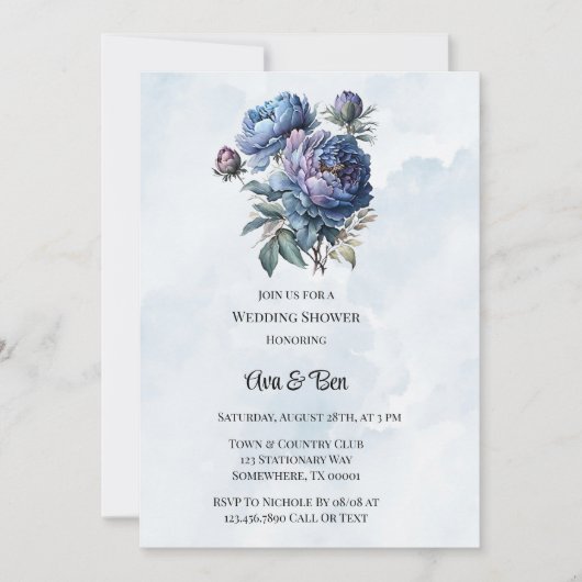 Invitation Dusty Marine Peony Wedding shower (Devant)