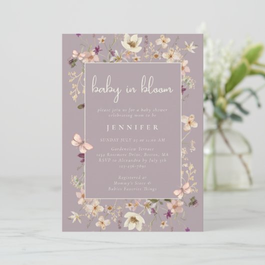 Invitation Dusty Mauve Baby Dans Le Baby shower Fleur sauvage (Debout devant)