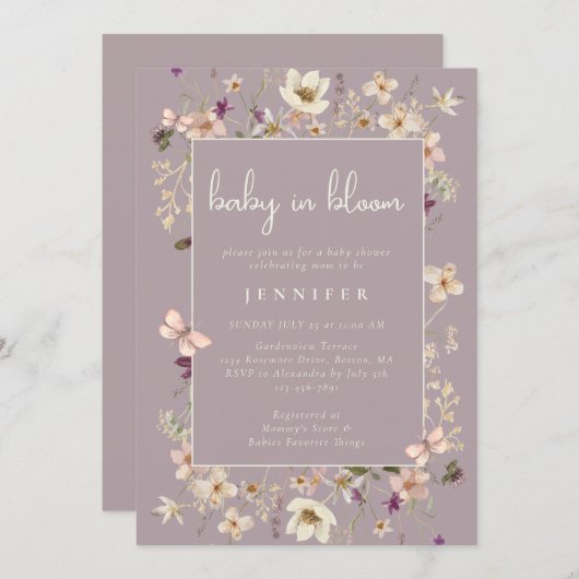 Invitation Dusty Mauve Baby Dans Le Baby shower Fleur sauvage (Devant / Derrière)