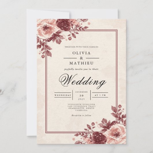 Invitation Dusty Mauve Floral Frame Mariage (Devant)