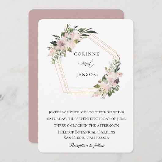 Invitation Dusty Mauve Floral Mariage géométrique (Devant / Derrière)