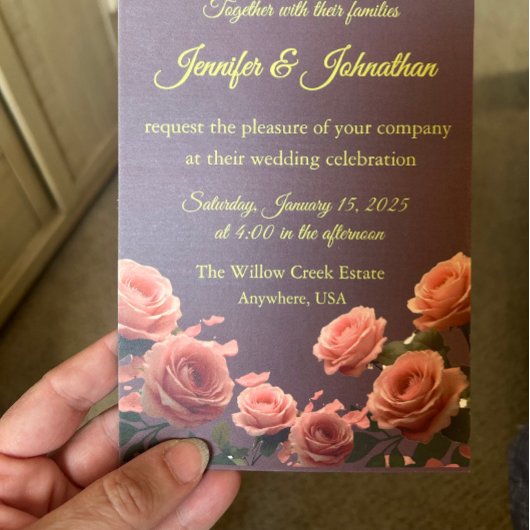 Invitation Dusty Mauve Peach Rose Petals Promises Wedding