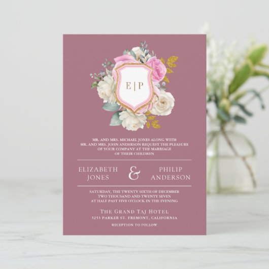 Invitation Dusty Mauve rose Floral QR Code Crest Mariage (Debout devant)