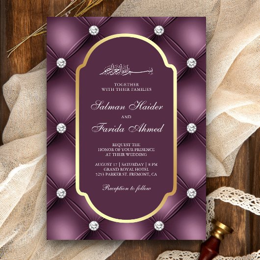 Invitation Dusty Mauve violet Diamants Tufés Mariage musulman