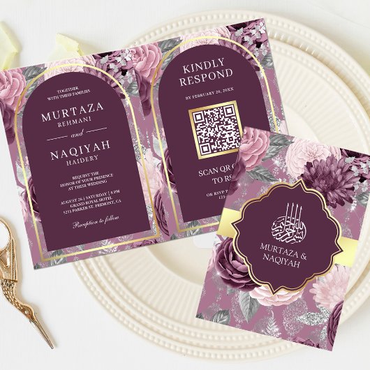 Invitation Dusty Mauve violet Floral QR Code Mariage musulman