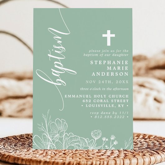 Invitation Dusty Mint Blanc Floral Élégant Script Baptême