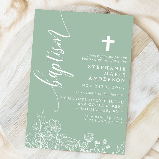 Invitation Dusty Mint Blanc Floral Élégant Script Baptême