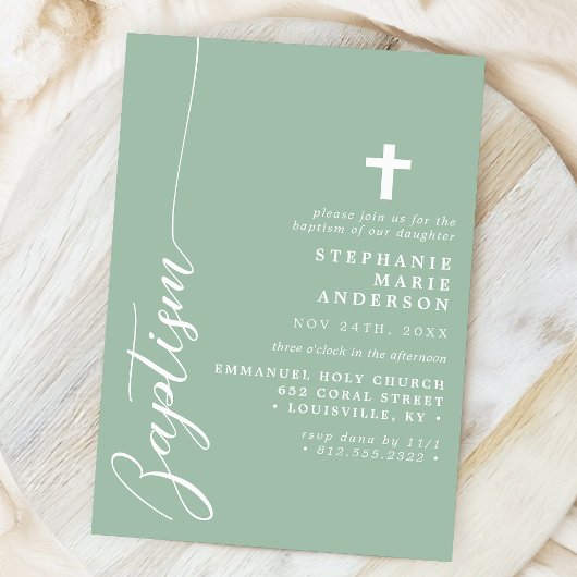 Invitation Dusty Mint Simple Script moderne Baptême