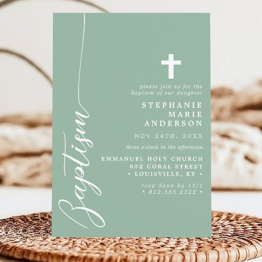 Invitation Dusty Mint Simple Script moderne Baptême
