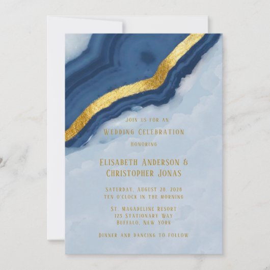 Invitation Dusty Navy Blue & Gold Agate Mariage (Devant)