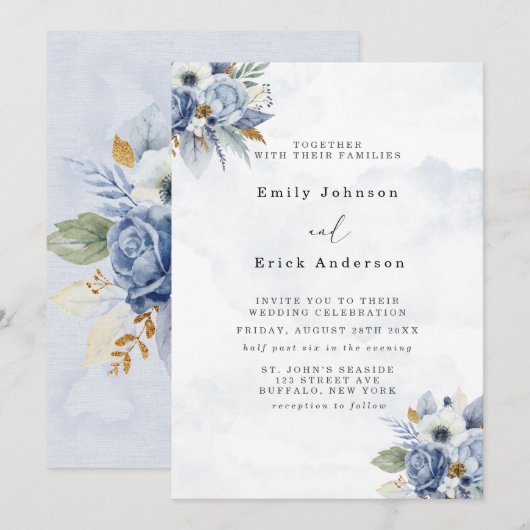 Invitation Dusty Navy Blue Gold Aquarelle Peony Chic Mariage (Devant / Derrière)
