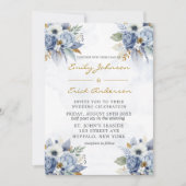 Invitation Dusty Navy Blue Gold Aquarelle Peony Chic Mariage (Devant)