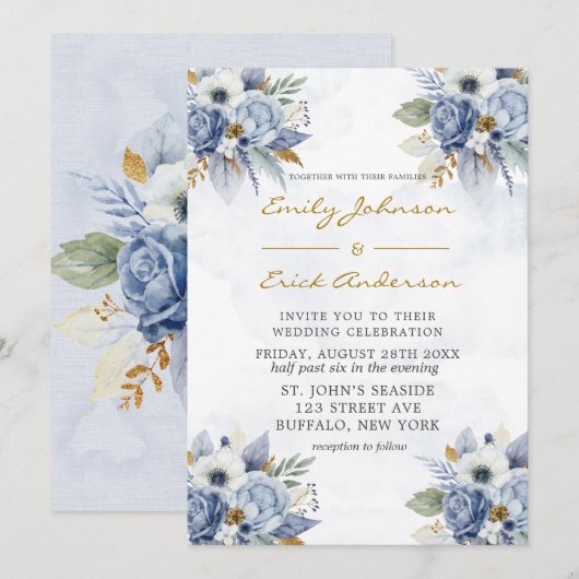 Invitation Dusty Navy Blue Gold Aquarelle Peony Chic Mariage (Devant / Derrière)