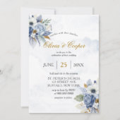 Invitation Dusty Navy Blue Gold Peony Aquarelle Chic Mariage (Devant)