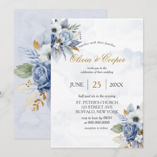 Invitation Dusty Navy Blue Gold Peony Aquarelle Chic Mariage (Devant / Derrière)