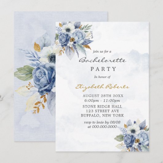 Invitation Dusty Navy Blue Gold Peony Chic Bachelorette Party (Devant / Derrière)