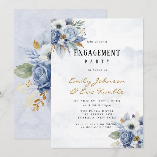 Invitation Dusty Navy Blue Gold Peony Engagement Party Invita (Devant / Derrière)